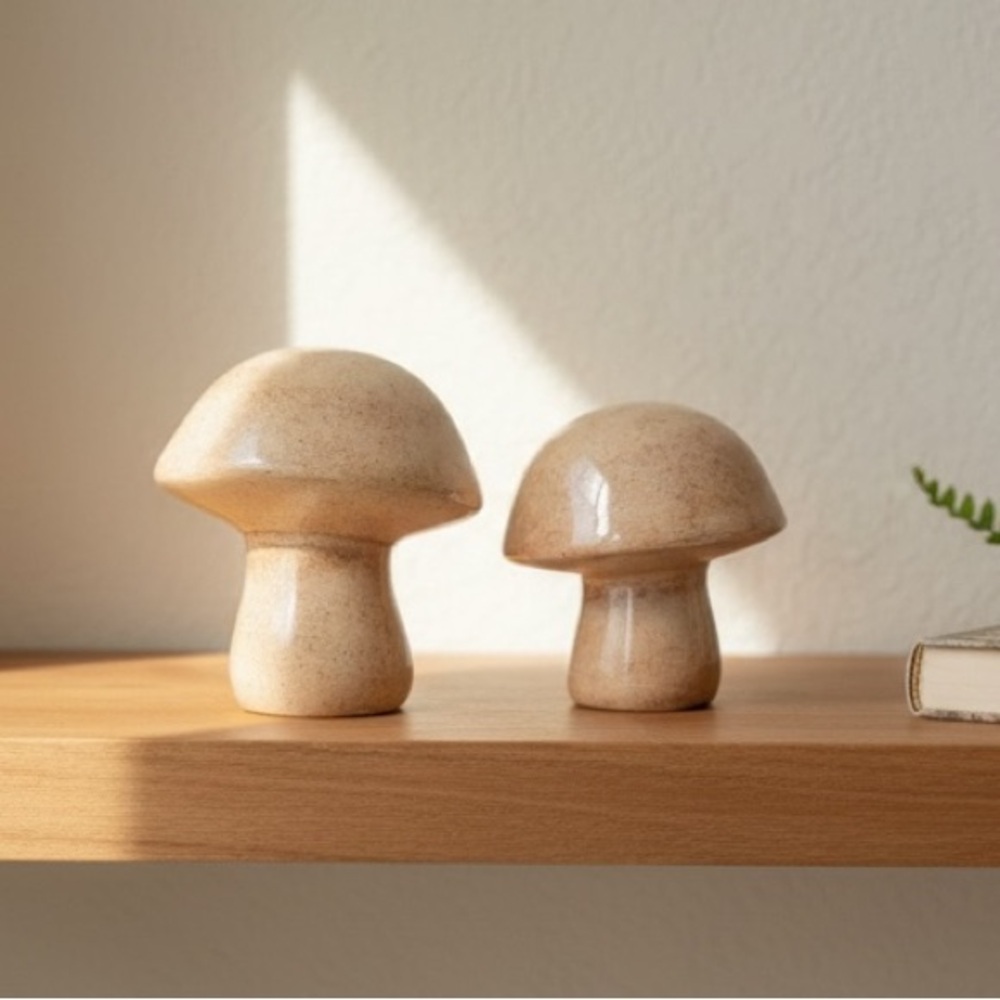 Two Ceramic Mushroom Figurine Statues Glazed Home Decor 3"& 4" Tall speckled